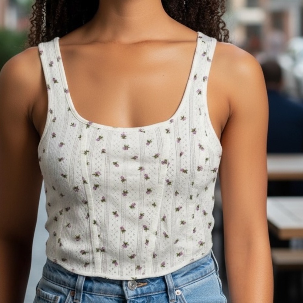 Freshman 1996‎ Floral Print Corset Tank Top Ribbed Knit White Cute Cottagecore L